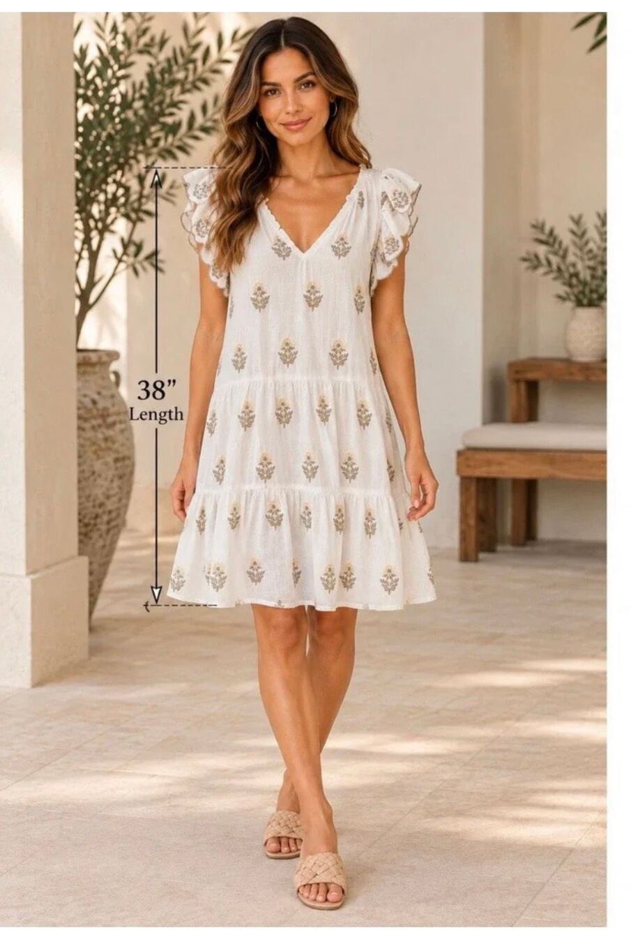 A Love A White tiered floral Embroidered all over mini boho dress L